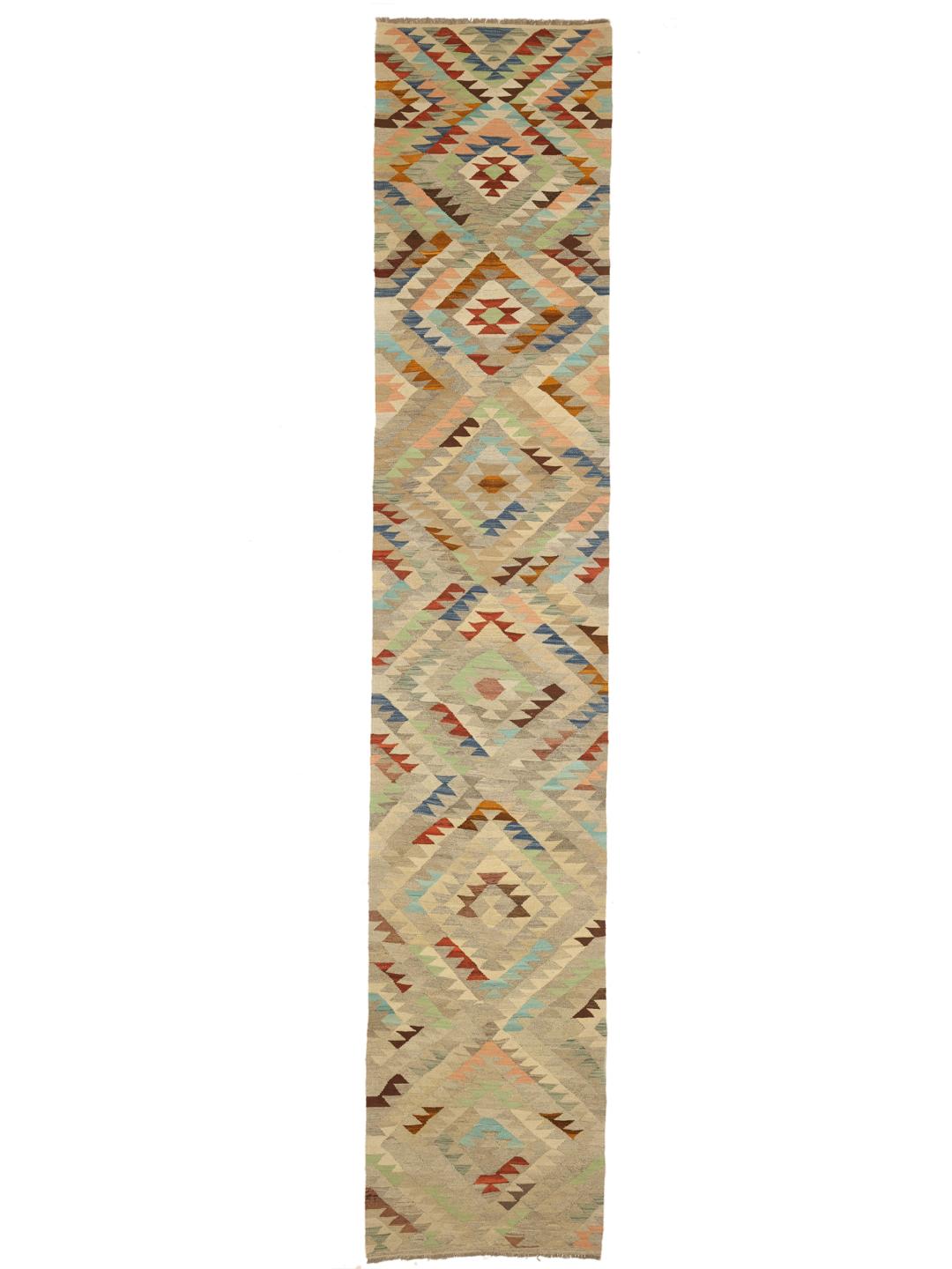 Hand-woven wool runner rug from Afghanistan in beige and multicolor