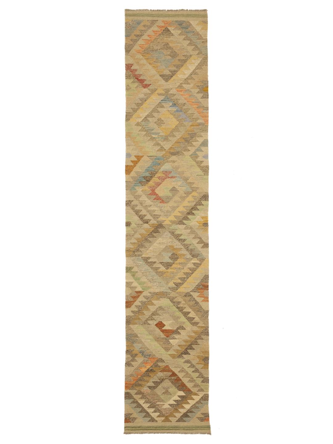 Handgeweven wollen loper uit Afghanistan in beige en meerkleurige geometrische patronen