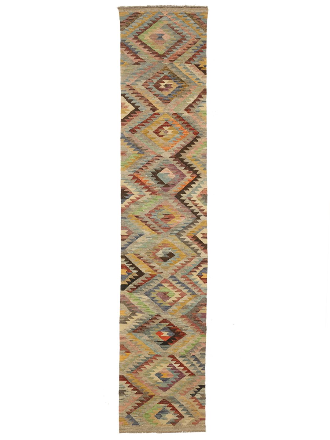 Ręcznie tkany wełniany chodnik Kilim Ariana w kolorze beżowym i wielokolorowym z Afganistanu