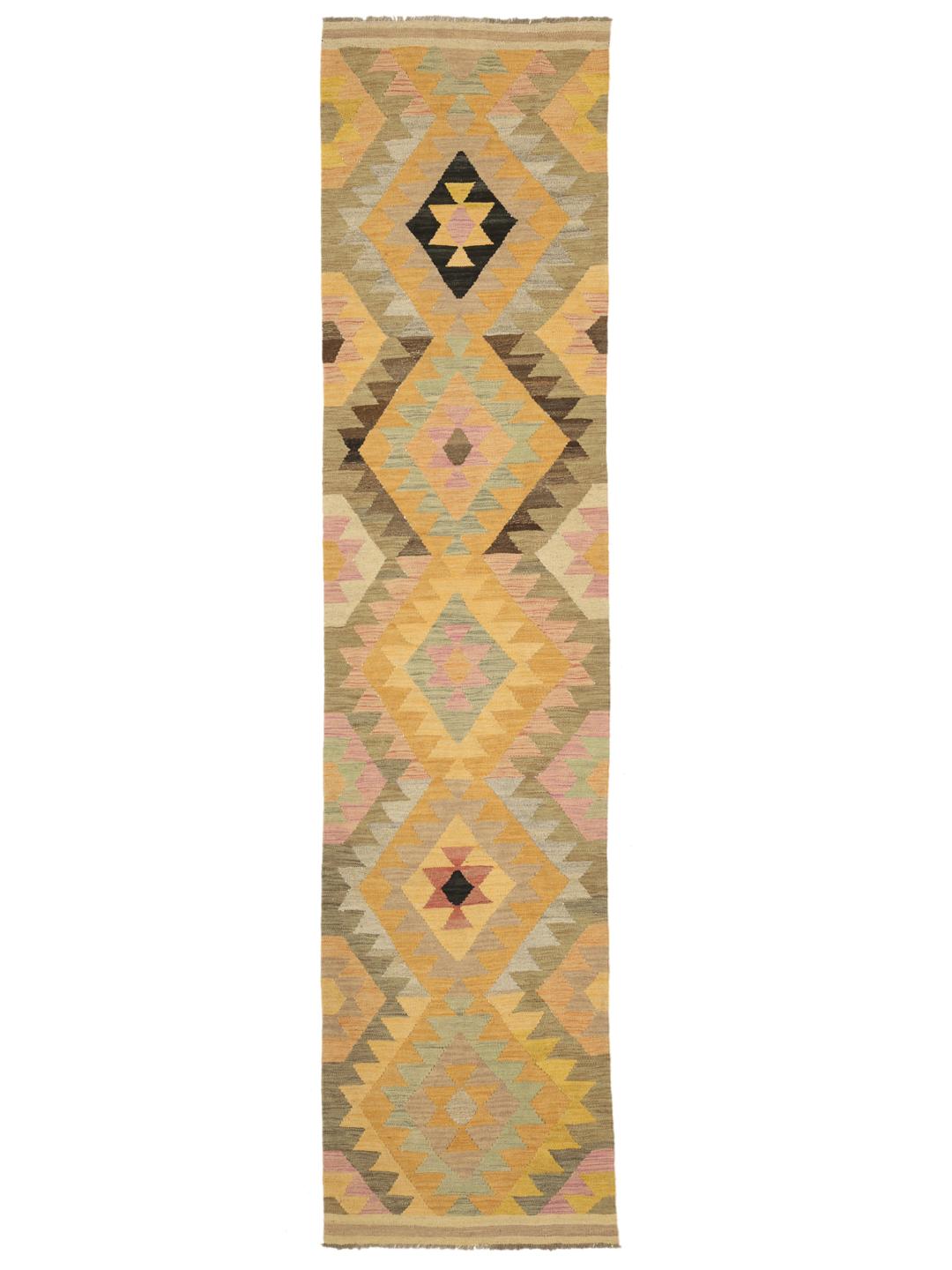 Hand-woven Kelim Ariana Trend wool runner in yellow and beige from Afghanistan