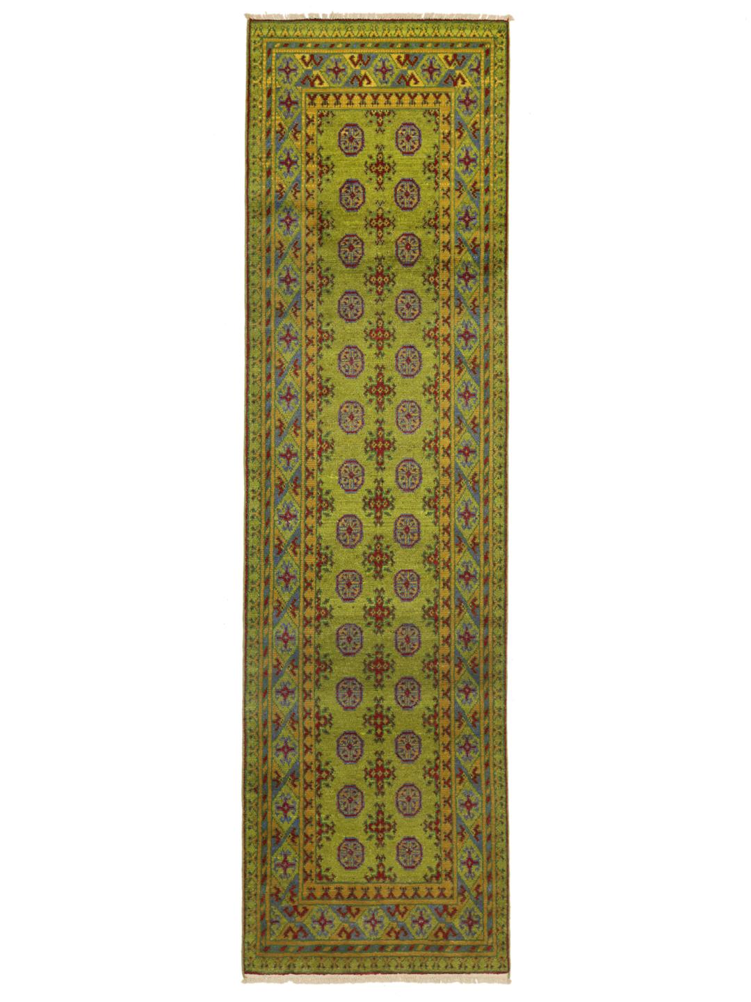 Hand-knotted Afghan Fine runner rug in green and red