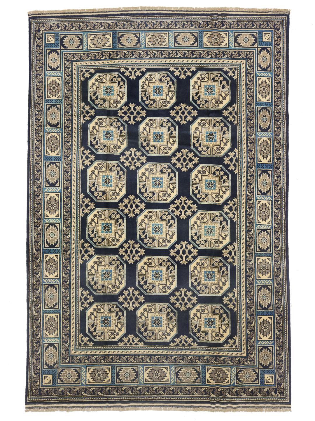 Handgeknoopt Afghan wollen tapijt in donkerblauw en beige met geometrische medaillonpatronen