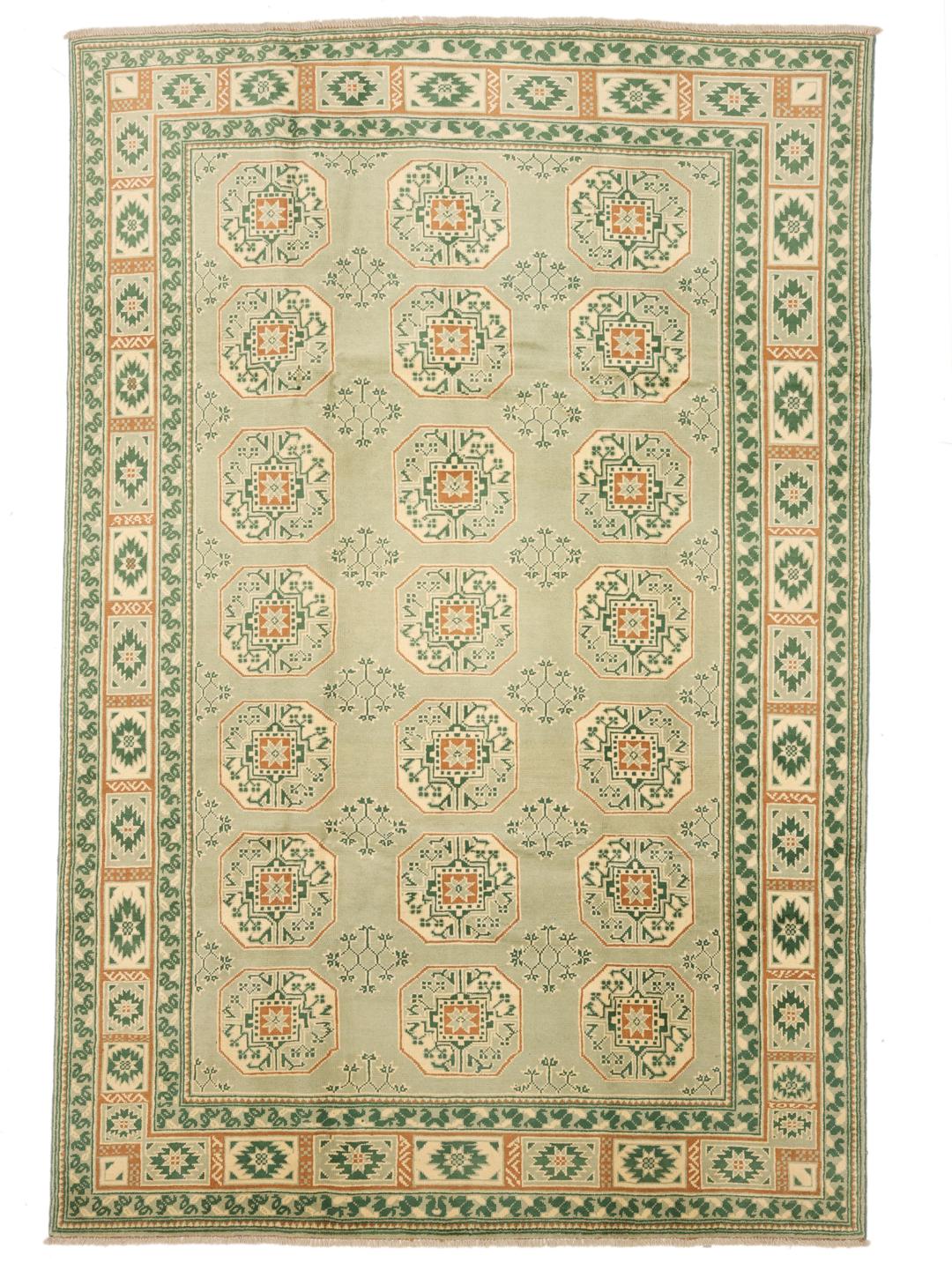 Hand-knotted Afghan Fine rug in light green and orange with geometric borders