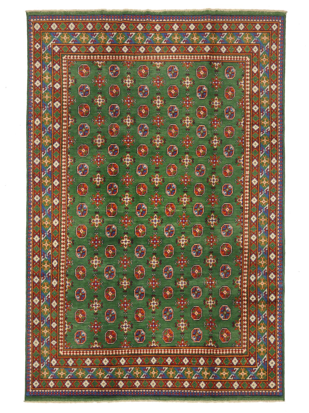 Handgeknüpfter grüner Afghan Fine Wolll Teppich mit traditionellen geometrischen Mustern