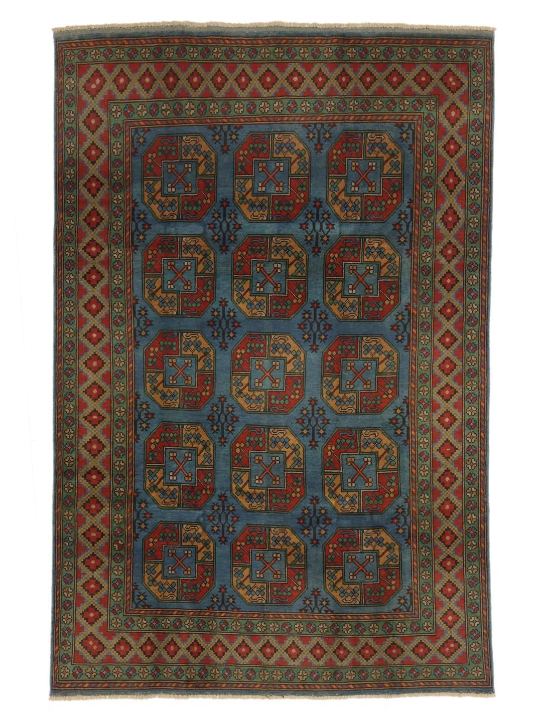 Hand-knotted Afghan Fine wool rug in blue and red