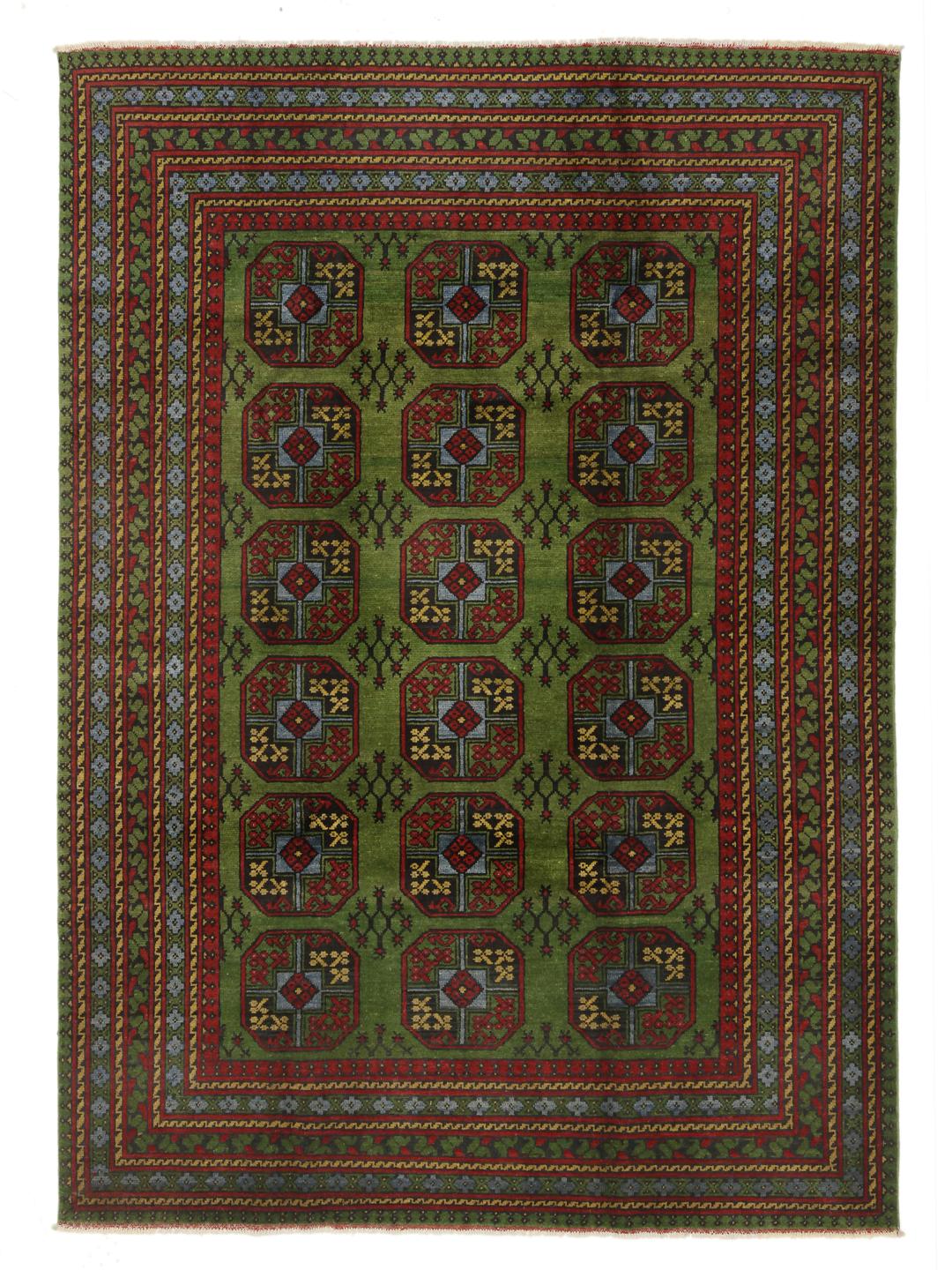 Met de hand geknoopt groen wollen vloerkleed uit Afghanistan met traditionele rode geometrische patronen