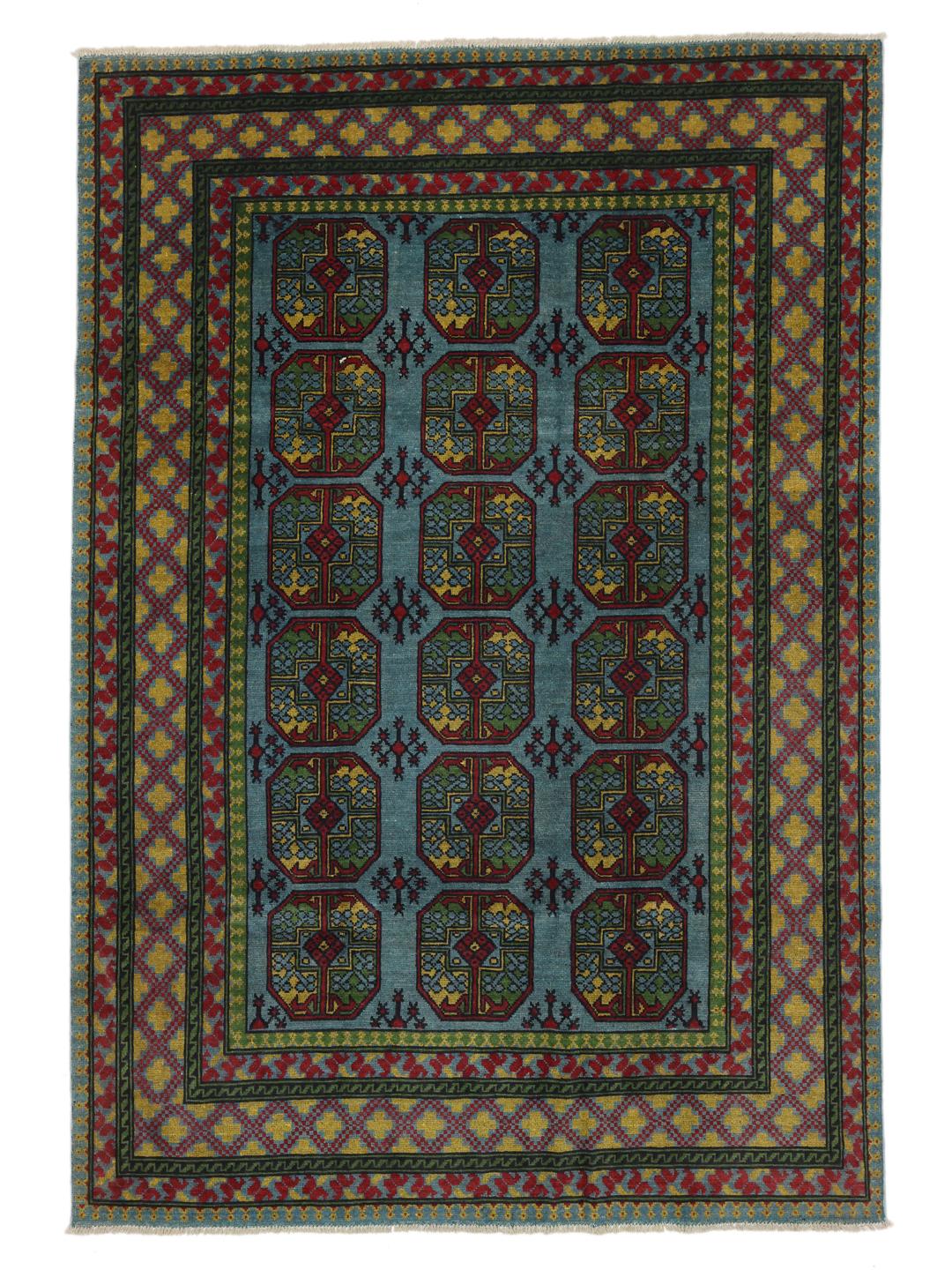 Handgeknoopt Afghan Fine wollen vloerkleed in blauw en rood