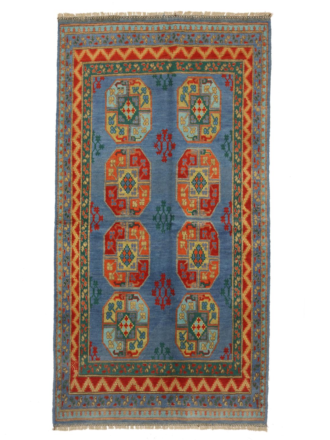 Handgeknoopt blauw vloerkleed uit Afghanistan met traditionele geometrische patronen