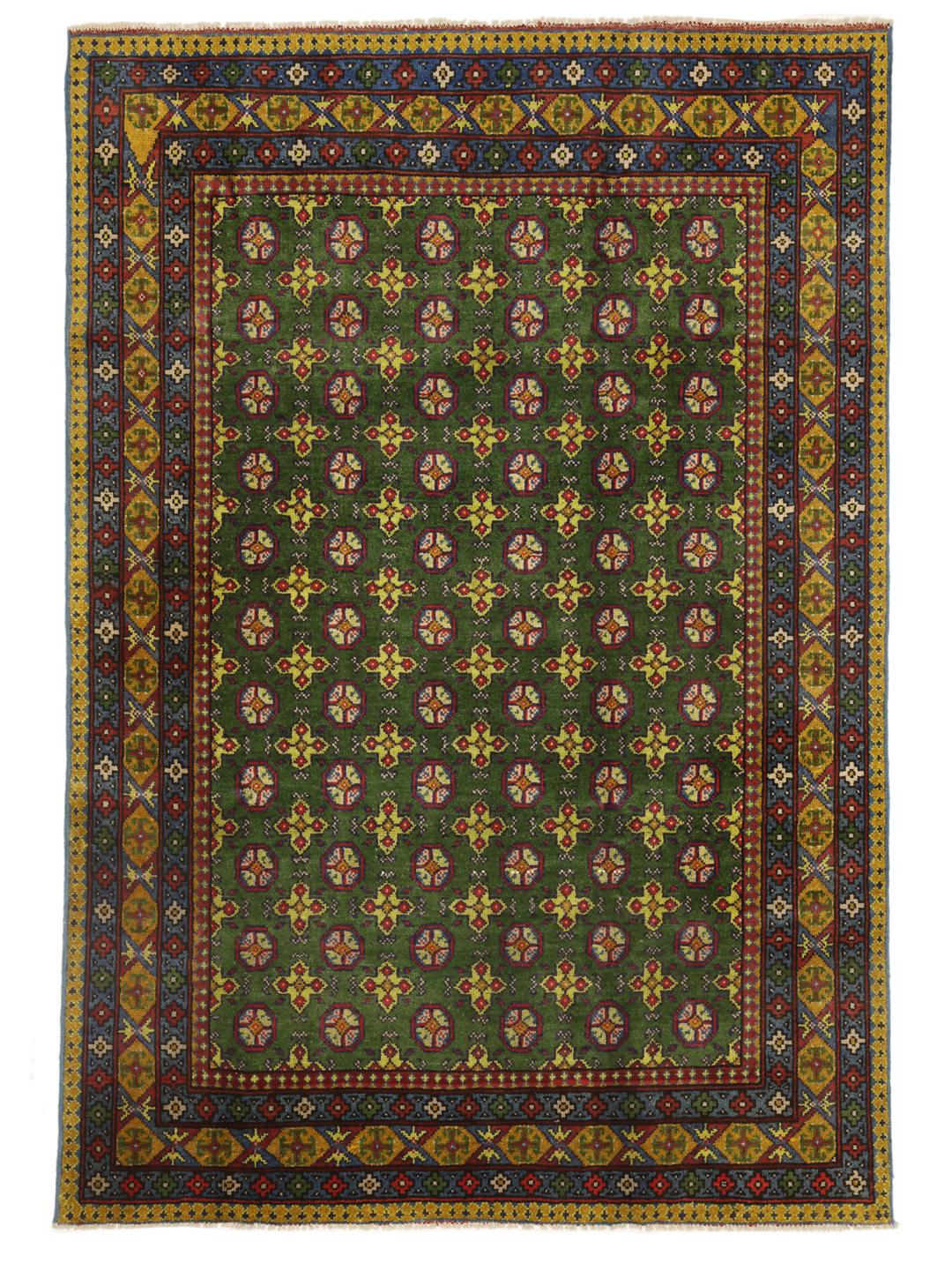 Handgeknoopt groen vloerkleed uit Afghanistan met geometrische patronen