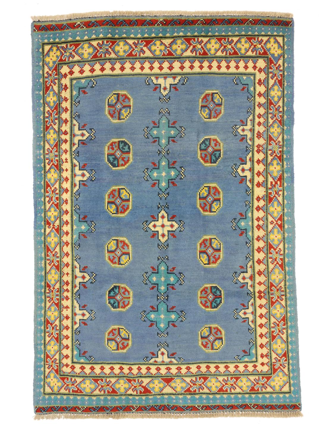 Handgeknoopt Afghan Fine wollen tapijt in blauw met tribale patronen