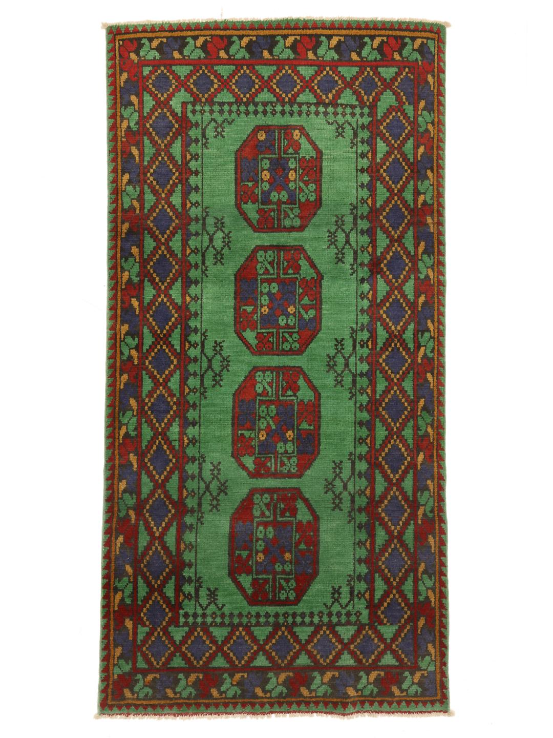 Hand-knotted wool rug from Afghanistan in green and red