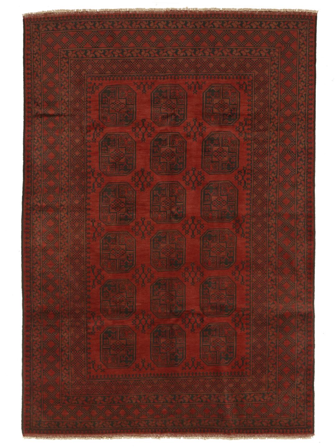 Hand-knotted Afghan Fine rug in dark-red and black