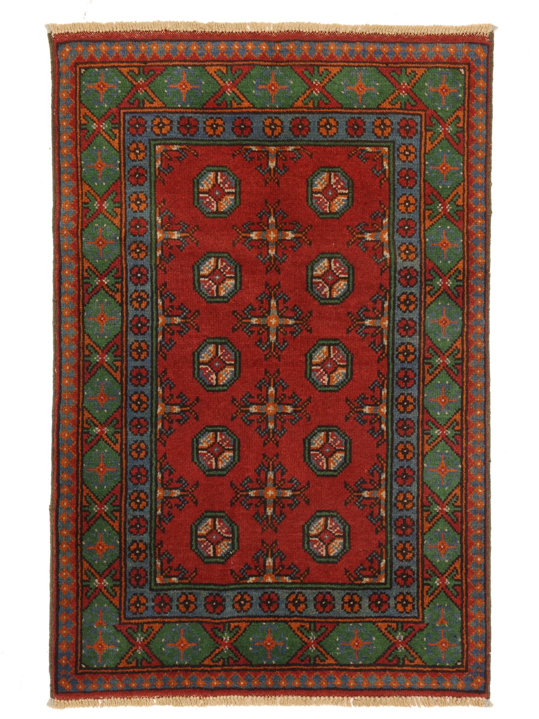Hand-knotted Afghan Fine wool rug in red and green
