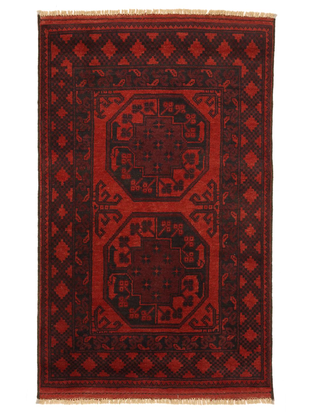Hand-knotted Afghan rug in red and dark grey