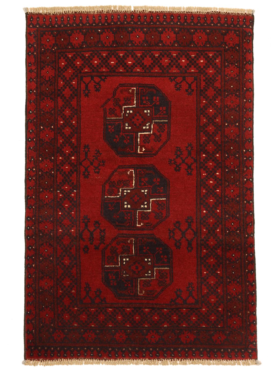 Hand-knotted Afghan Fine wool rug in red and dark blue