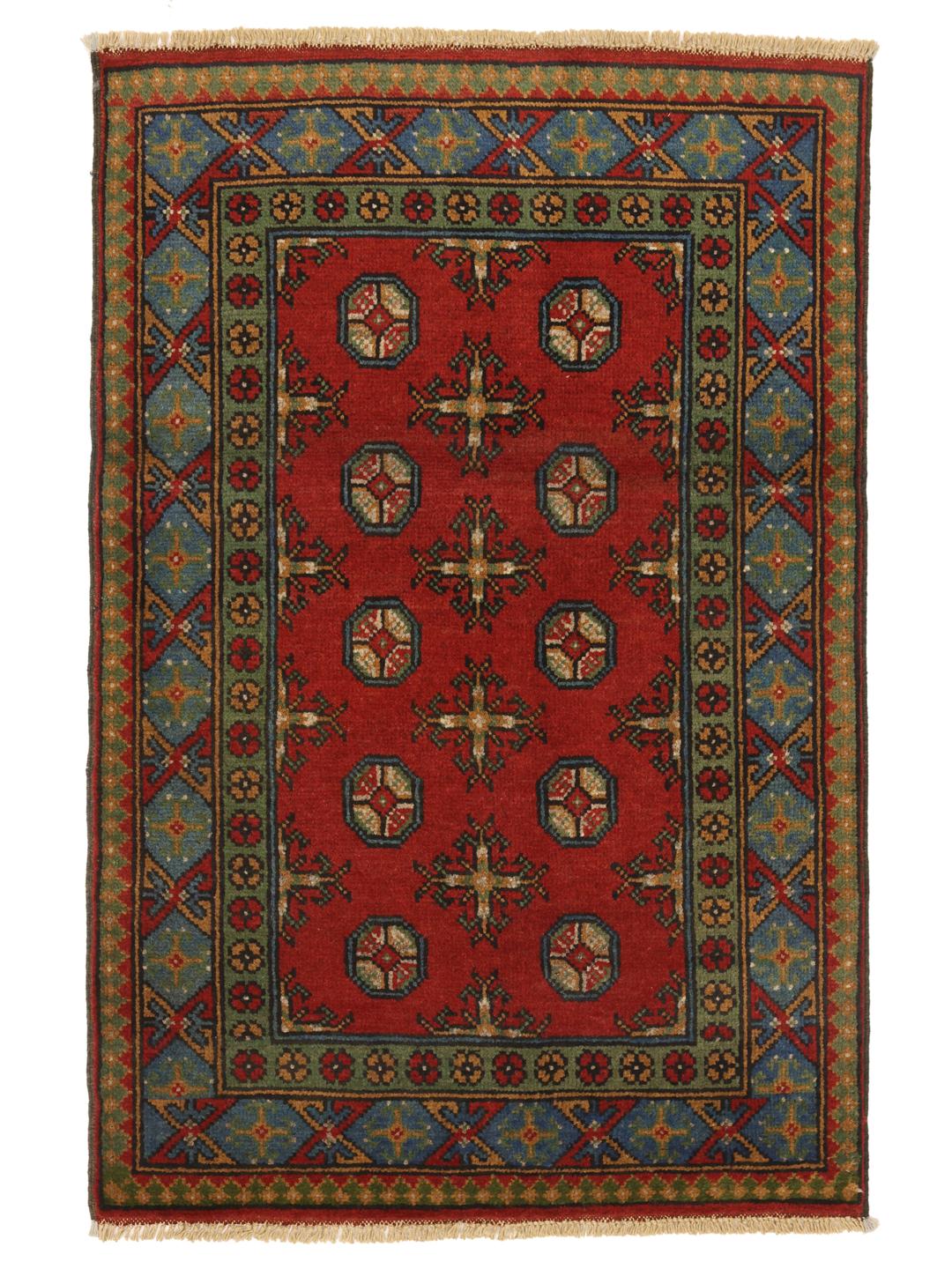 Hand-knotted red and blue Afghan Fine rug with geometric patterns