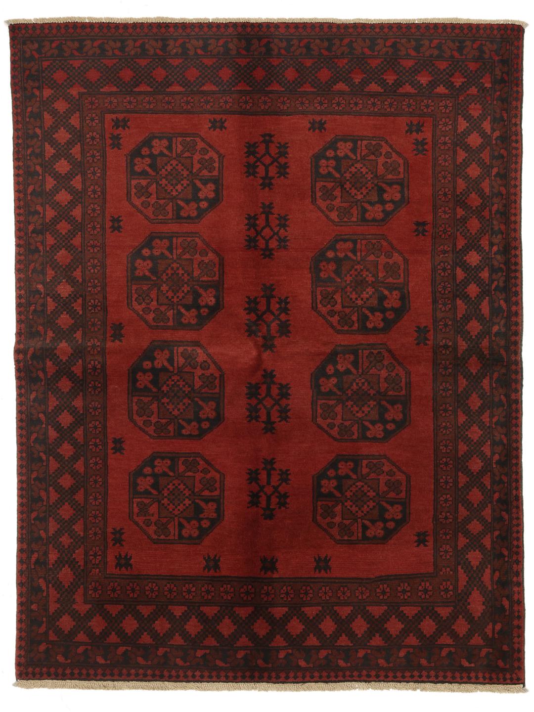 Hand-knotted dark-red rug from Afghanistan with traditional geometric medallions