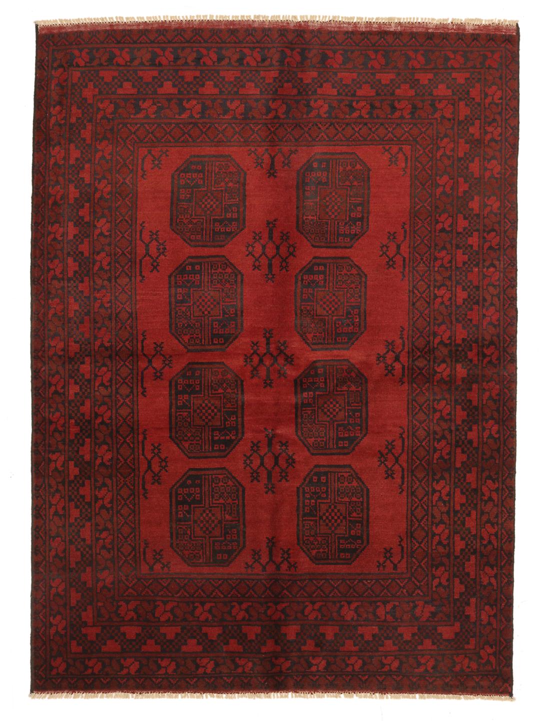 Hand-knotted wool rug from Afghanistan in dark-red and black