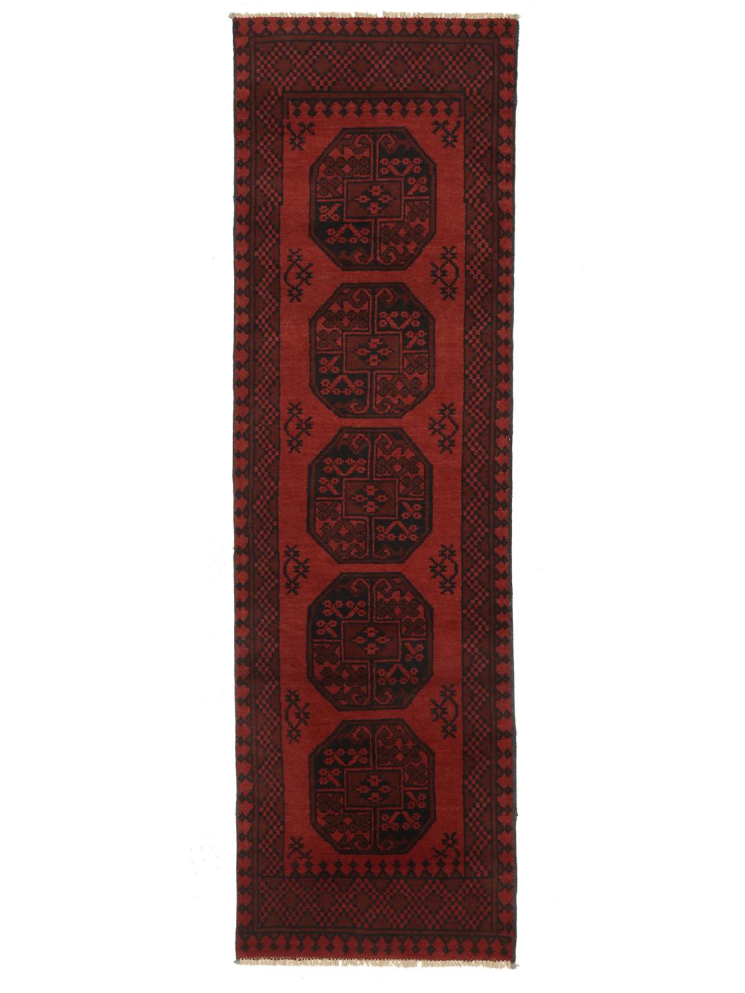 Hand-knotted dark-red runner rug from Afghanistan