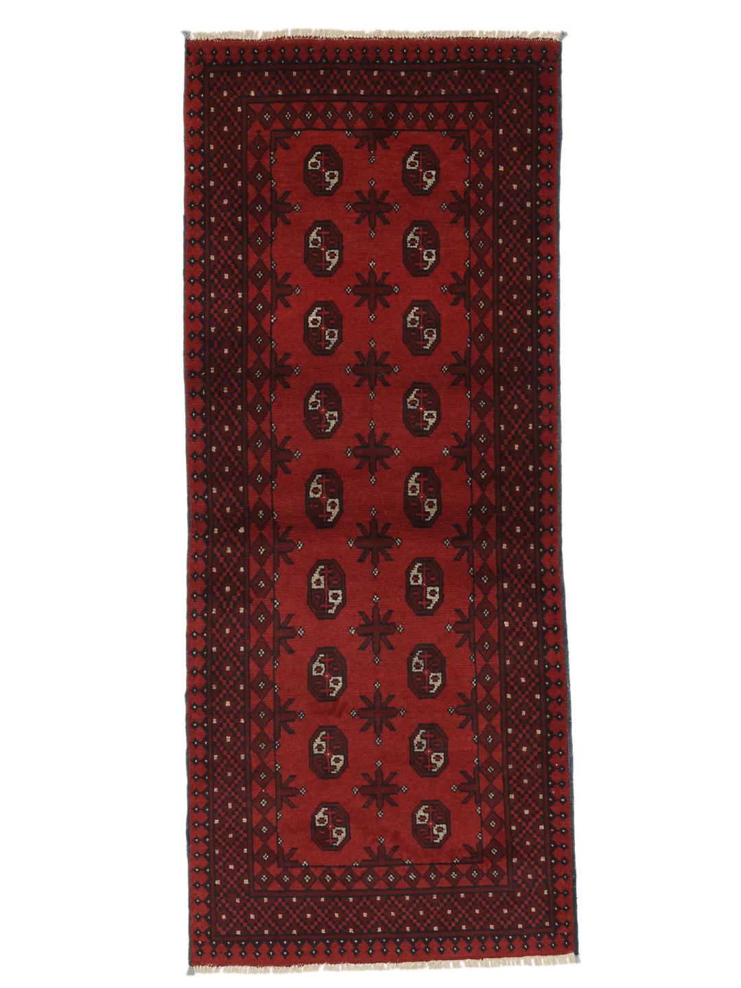 Tapis de couloir noué à la main Afghan Fine en laine rouge foncé et noire