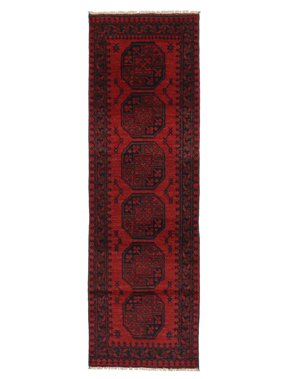 Tapis couloir Afghan Fine noué à la main en laine rouge foncé et noire