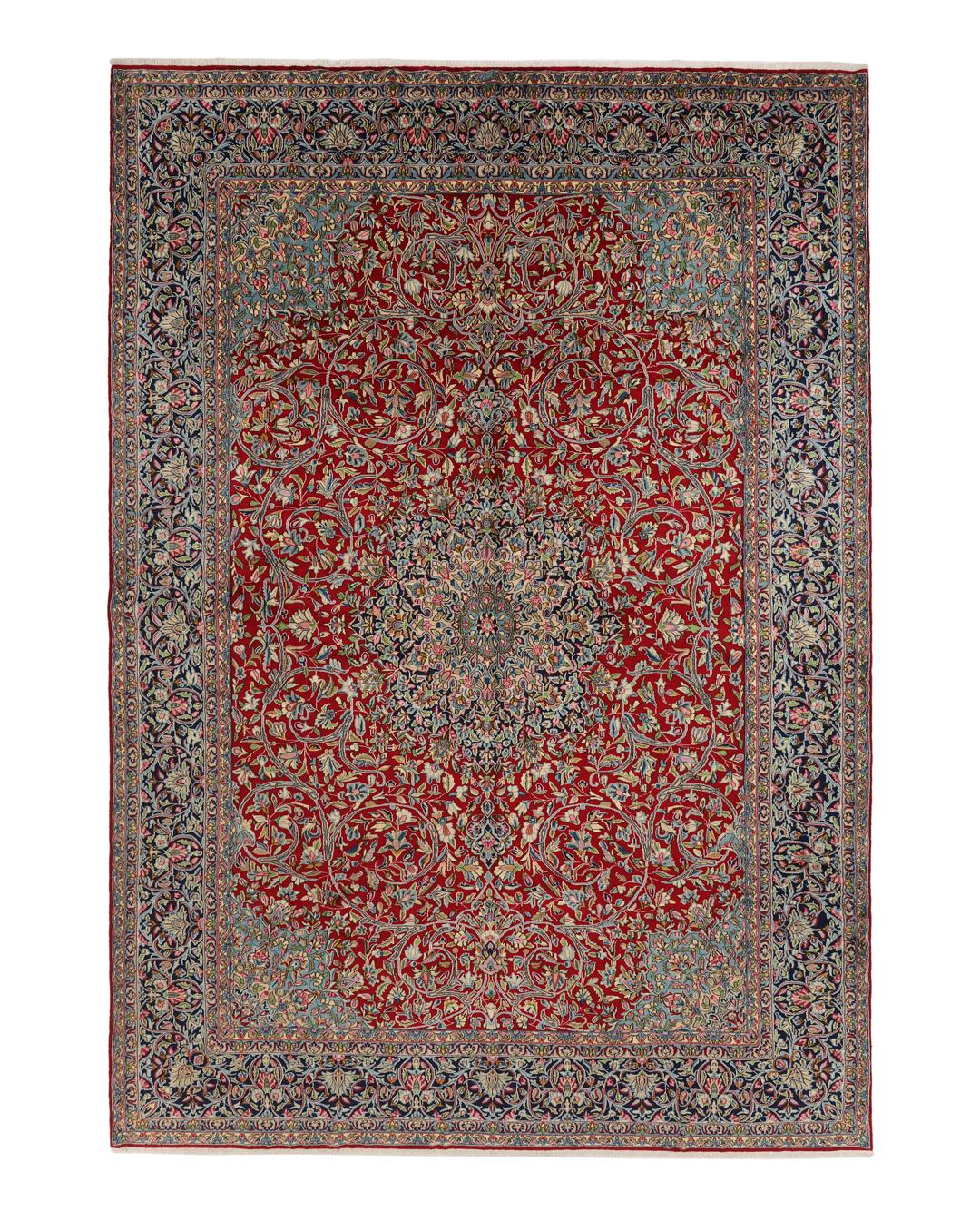 Handgeknoopt rood vloerkleed met traditionele motieven uit het Midden-Oosten van Kerman