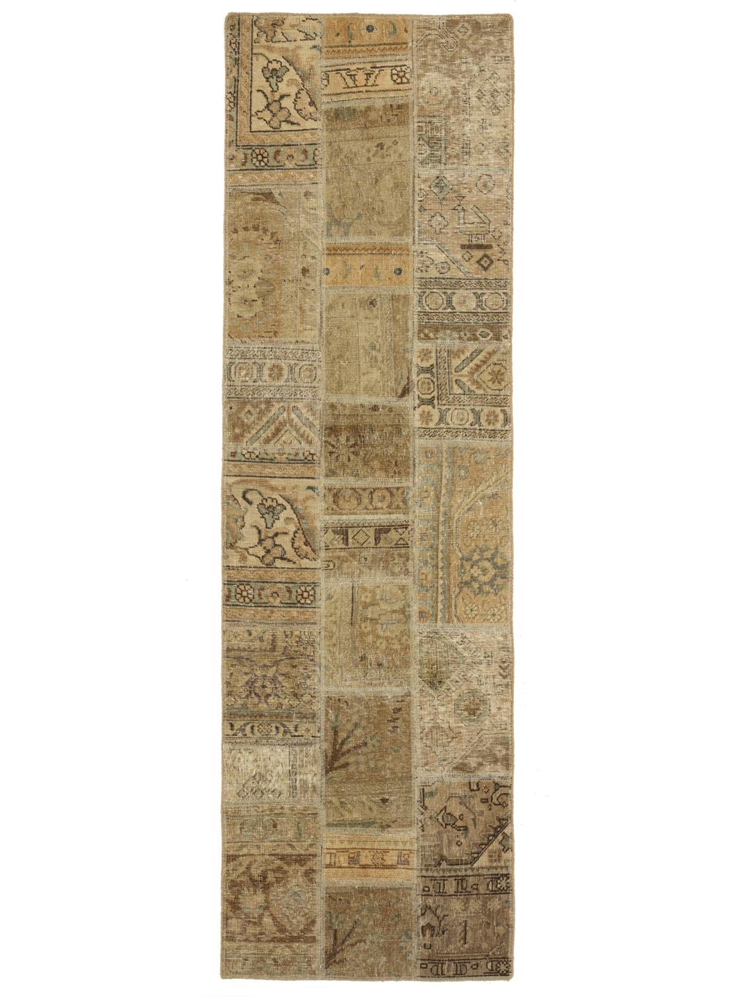 Ręcznie wiązany chodnik Patchwork z Turcji w kolorach beżu i brązu