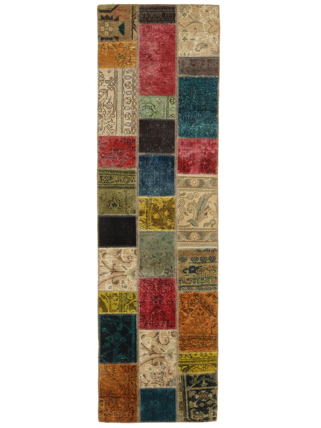 Ręcznie wiązany wielokolorowy turecki chodnik Patchwork z tradycyjnymi motywami plemiennymi