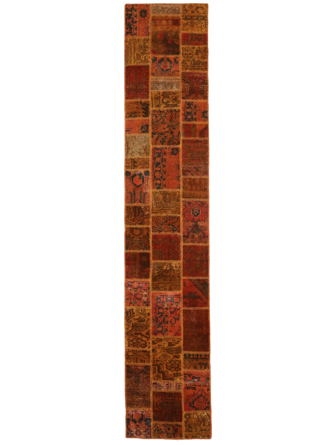 Ręcznie wiązany półantyczny turecki chodnik Patchwork w kolorze czerwonym i brązowym